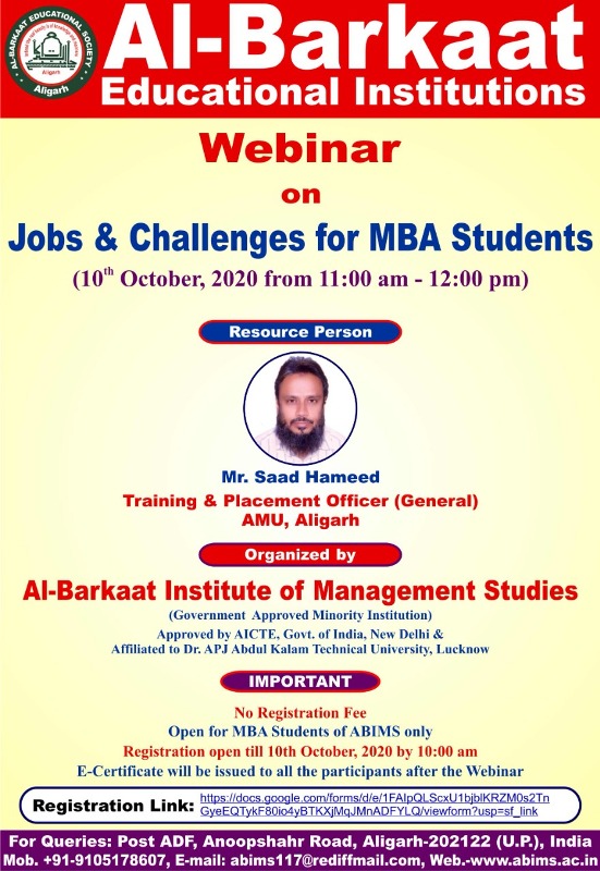Webinar on Jobs & Challenges for MBA Students